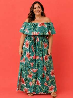 NXH Tropical Floral Print Off-the-Shoulder Flounce Maxi Dress